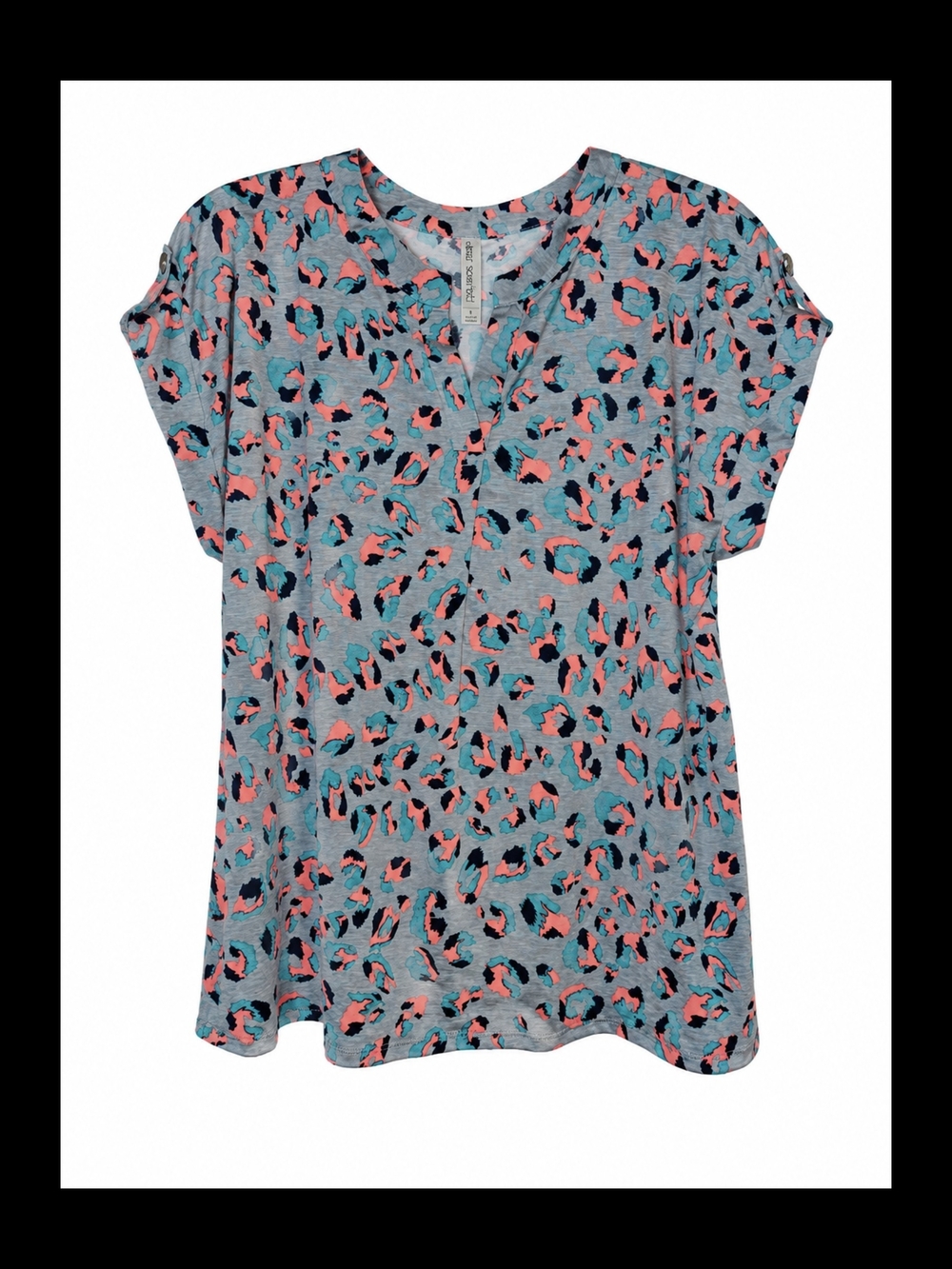 New Dear Scarlett Leopard Print Short Sleeve Lizzy Top - Coral & Teal Size Large